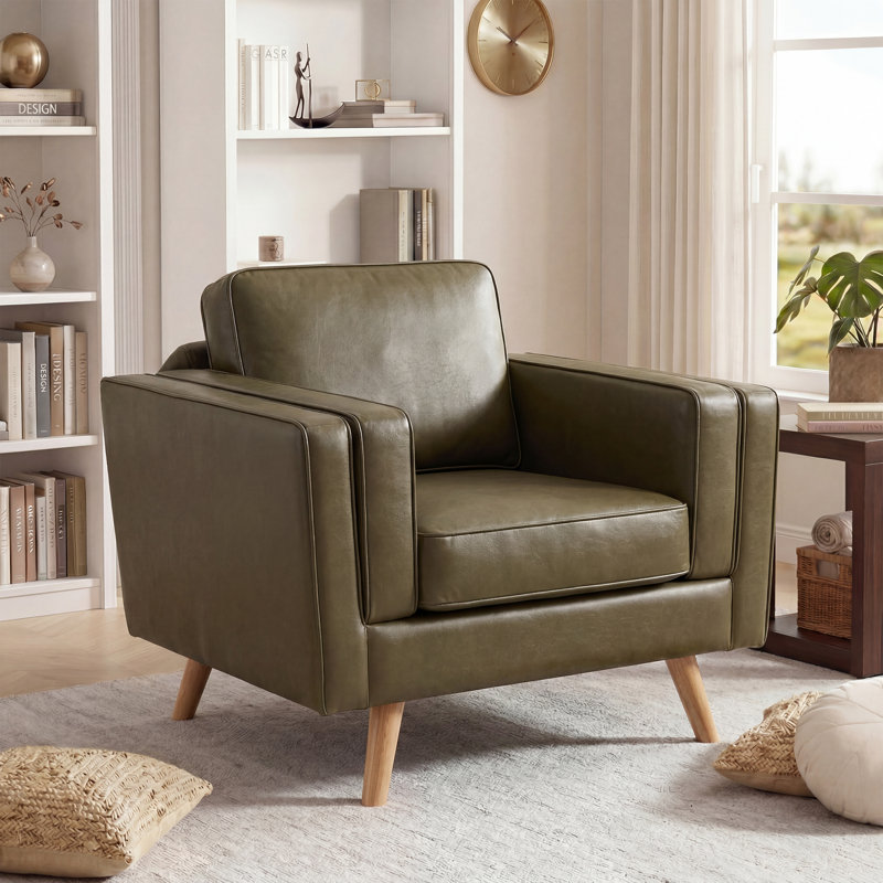 Fauteuil d'appoint rembourré de 39,3 po de largeur avec pieds en bois massif Havens, Green Faux Leather