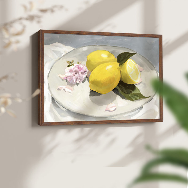 «Lemons on a Plate II», reproduction encadrée - Restickable, H 22 po x l 28 po, Noyer