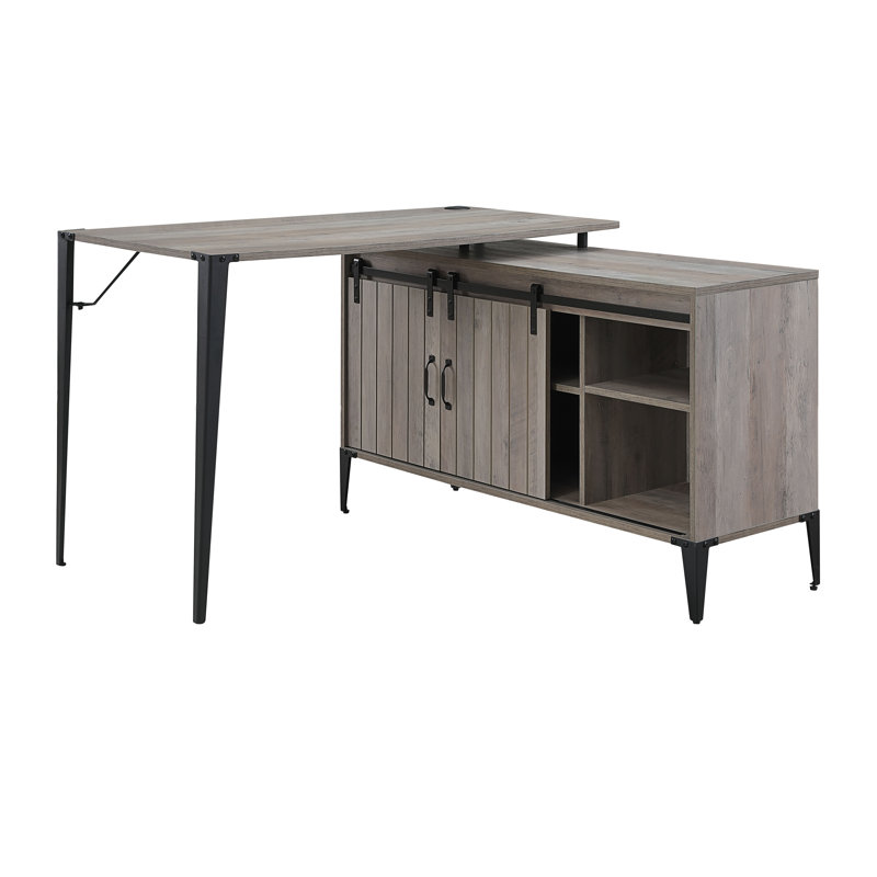 Rustic Oak & Black L-Shaped Writing Desk with USB and Filing Cabinet