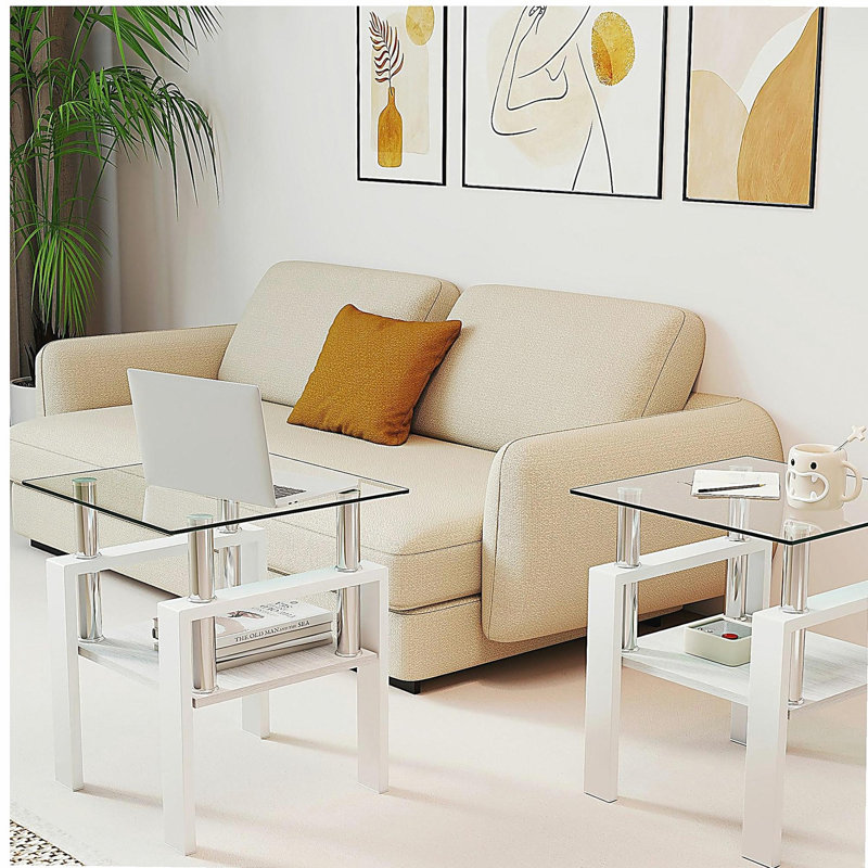 Ensemble de 2 tables à thé modernes en verre trempé, plateau en verre trempé avec panneau de fibres à densité moyenne, table basse, table de bout, table carrée pour le salon, transparent / blanc