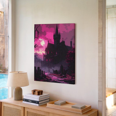 Wall Art Magenta Gothic Castle Haunted Halloween Horror Canvas Ready To Hang Gallery Wrapped Home Decor Modern Design Premium Quality