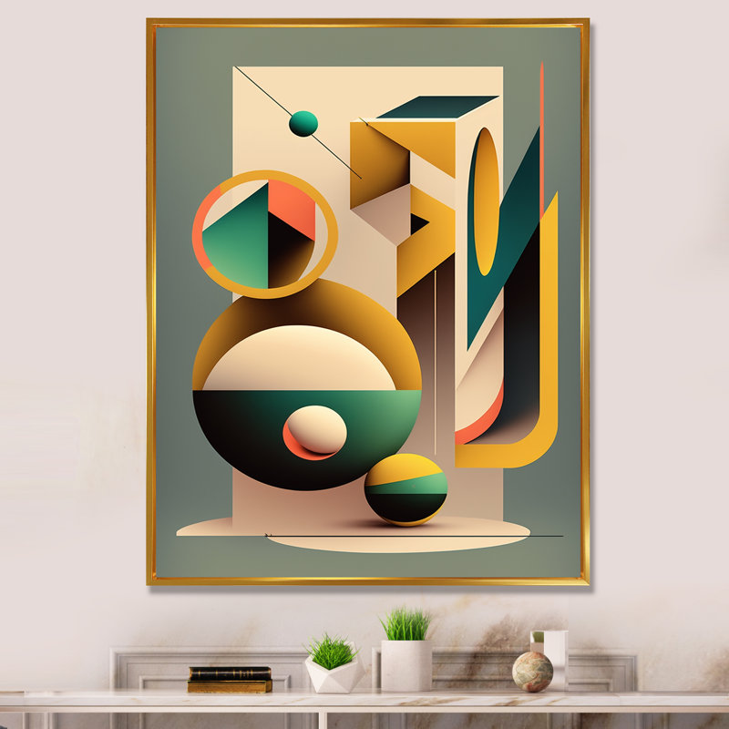 «Retro Elementary Geometrics VII», reproduction encadrée sur toile, Or, L 16 po x H 32 po
