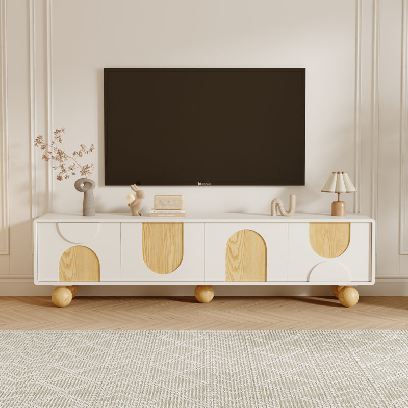 Meuble télé 78 pouces blanc crème moderne avec pieds sphériques en bois, console média Boho avec armoires de rangement, portes décoratives en bois, centre de divertissement pour le salon
