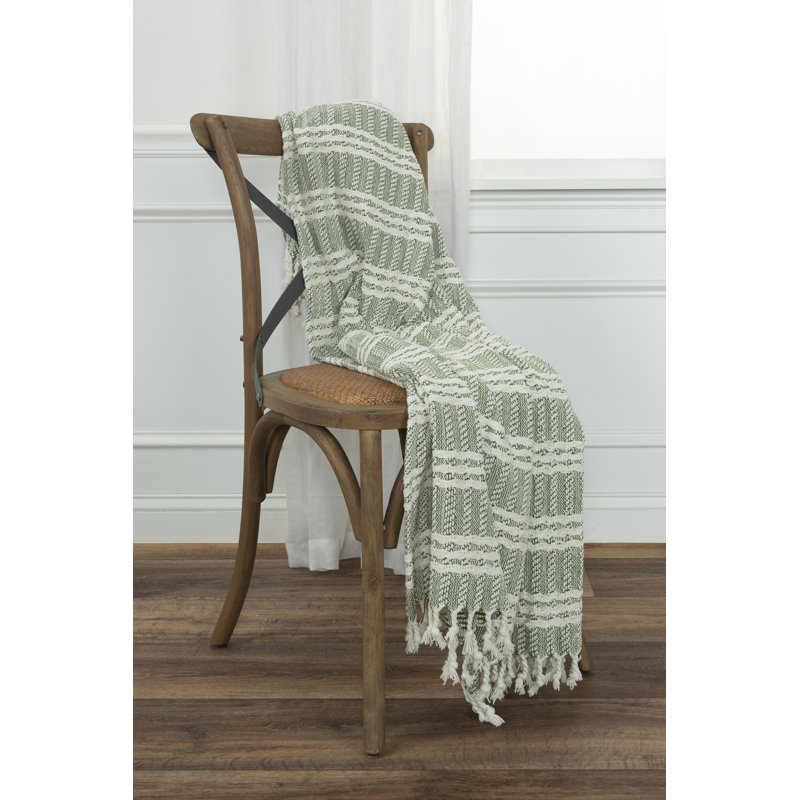 Green and Natural Cotton Striped Reversible Throw Blanket