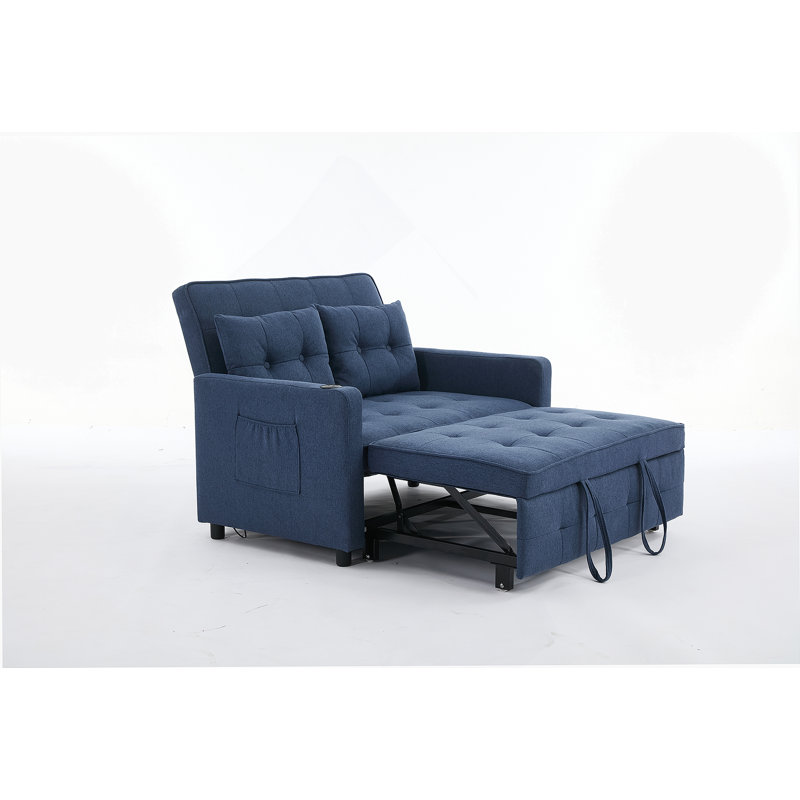 Convertible Sleeper, Sofa Bed With USB Ports, Side Pocket, Blue