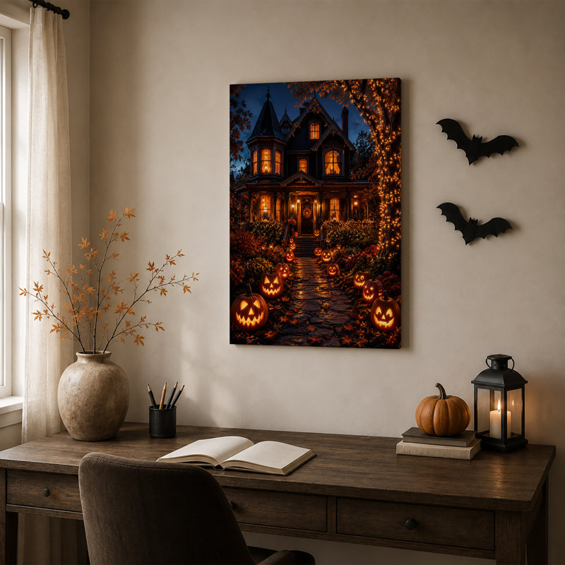 «Spooky Victorian House with Glowing Pumpkins», art mural sur toile, H 30 po x l 20 po