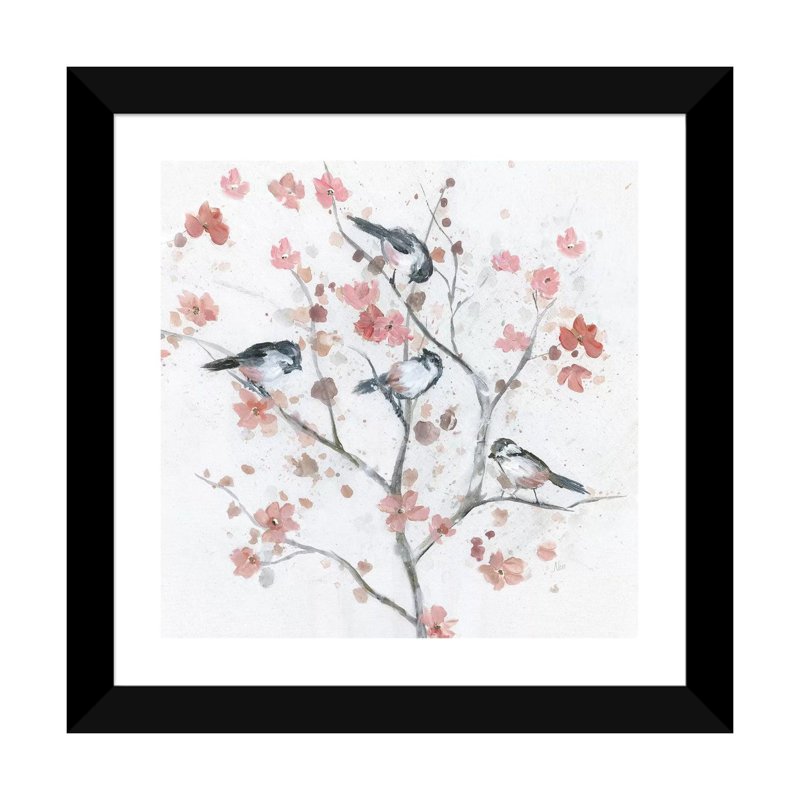 Chickadees In Spring II par Nan - reproduction, H 16 po x l 16 po x p 1 po, Cadre noir, Blanc