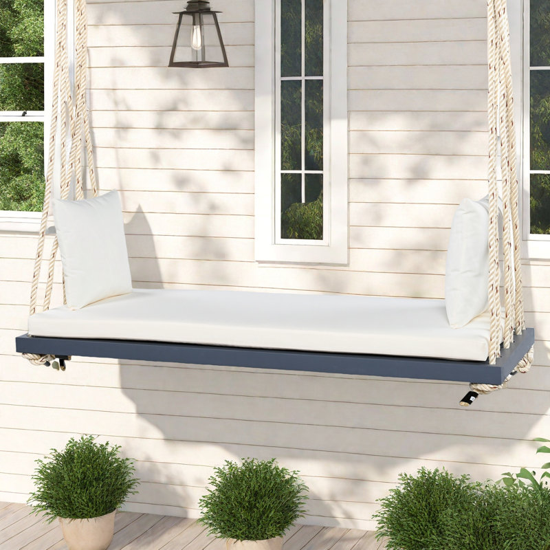 Balancelle de patio suspendue en bois avec coussin et coussins, Gris, Beige