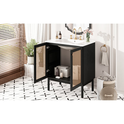 Meuble-lavabo de 30 pouces de matériaux naturels, offrant un assemblage facile et des portes de rangement généreuses à fermeture en douceur
