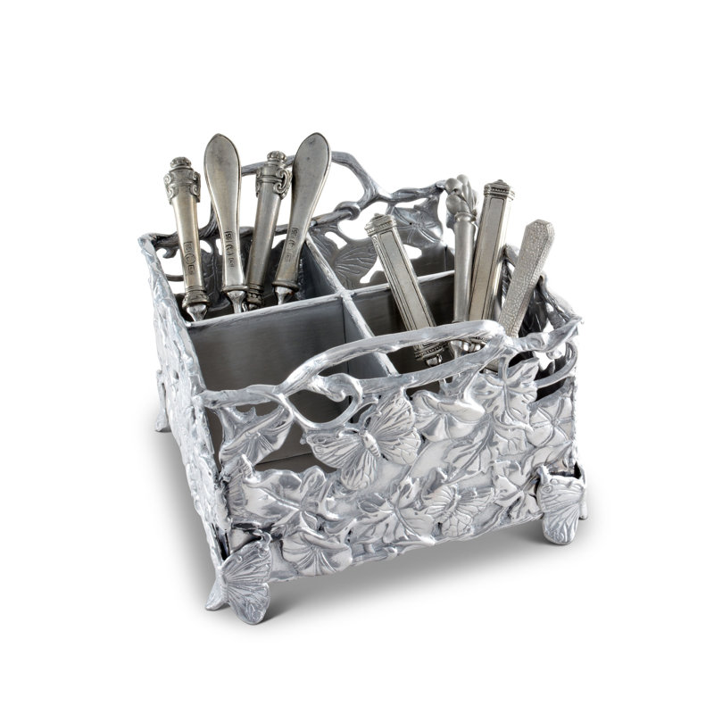 Silver Butterfly and Floral Aluminum Square Flatware Caddy