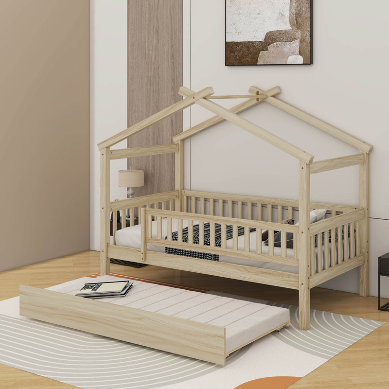 Lit simple en bois avec lit gigogne, Lit simple, Naturel
