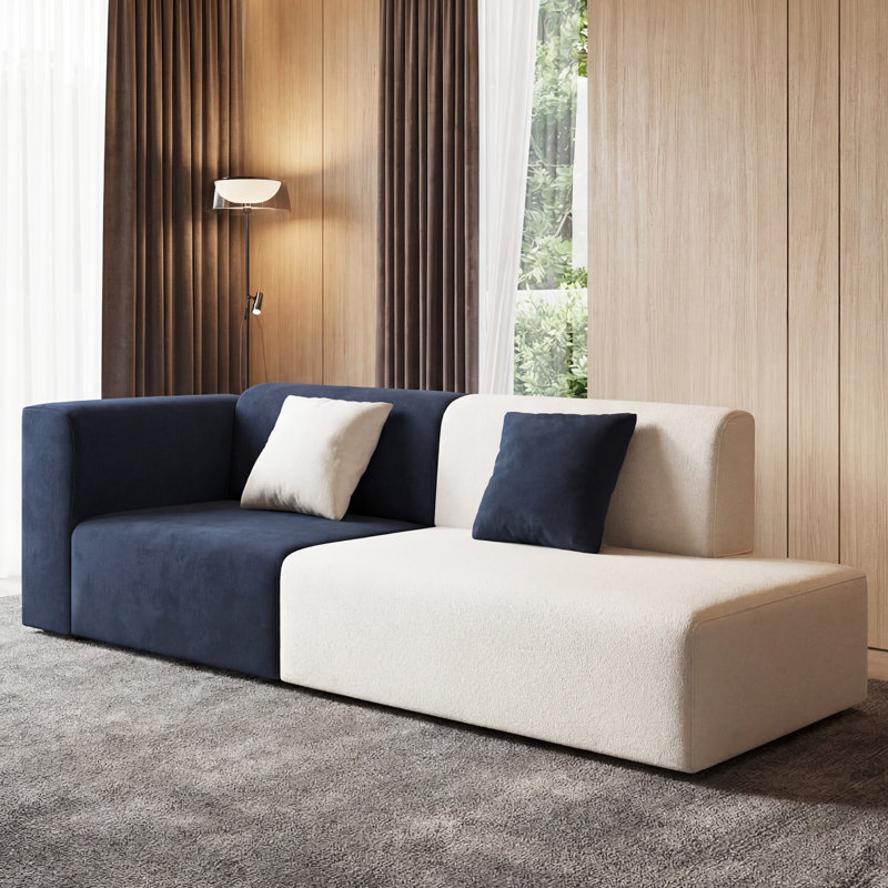 77.55 Inch Modern Color Block Sofa 2 Seater Loveseat Navy Blue and White Couch Upholstered Furniture for Living Room Apartment