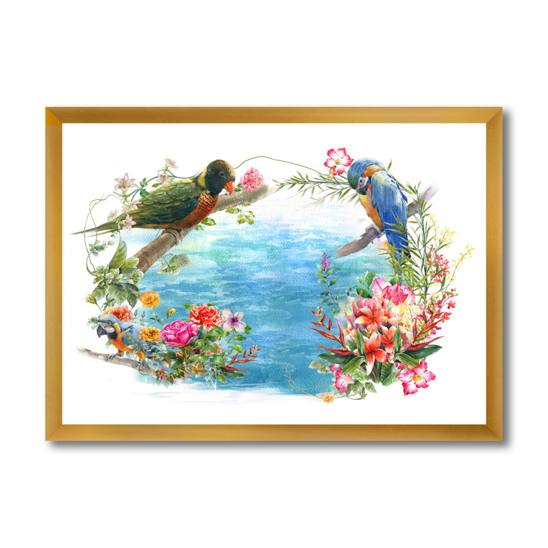 Oiseaux et fleurs au bord de l'eau - peinture sur toile, H 12 po x l 20 po x p 1 po, Cadre doré
