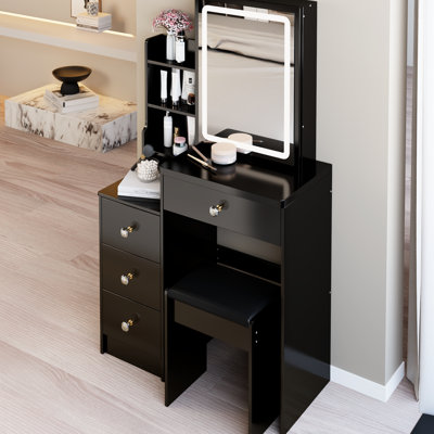 Table de coiffeuse de 29,2 po de gauche avec tabouret rembourré, miroir réglable tricolore à luminosité réglable, idéal pour les petits espaces, design américain, miroir noir et commode
