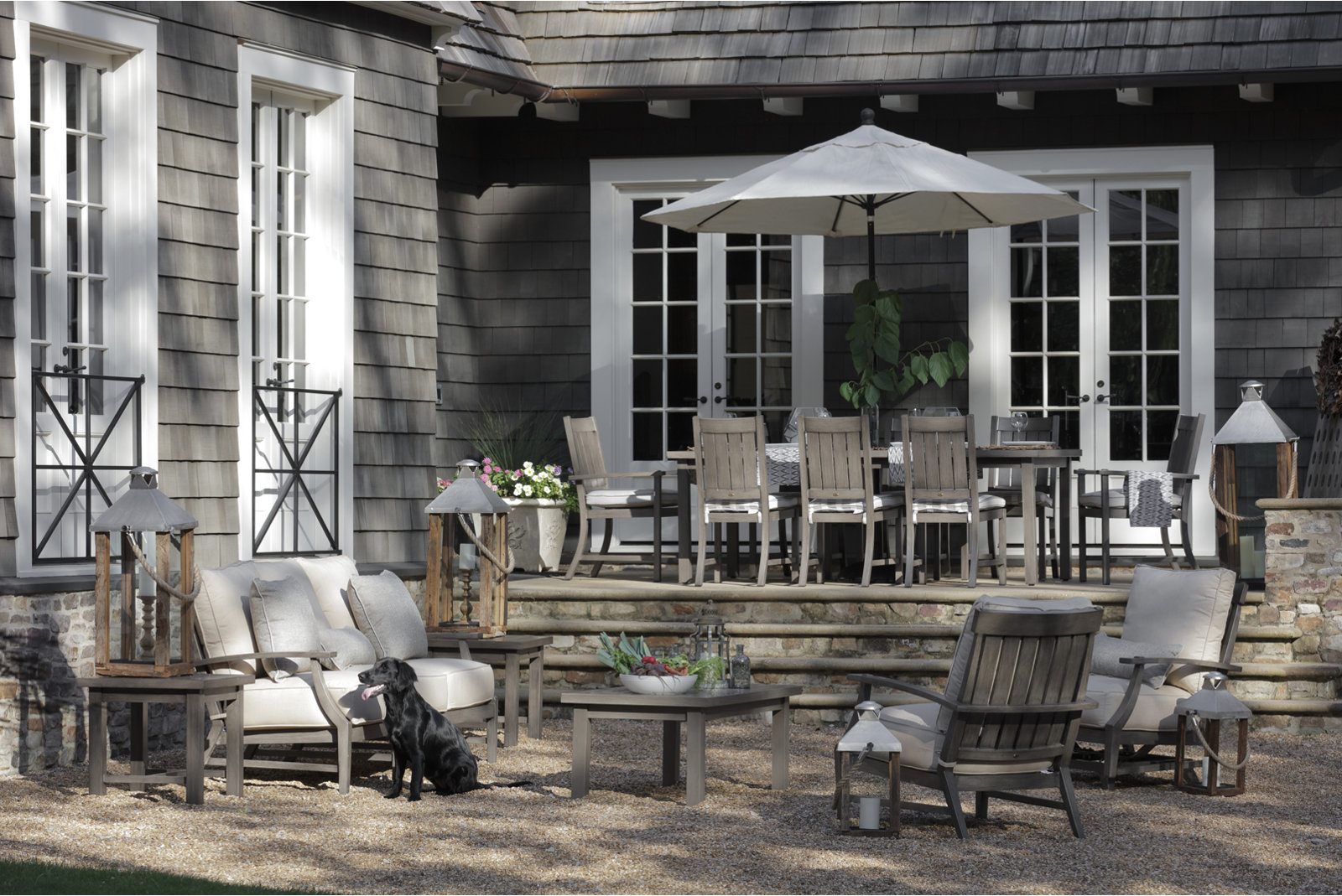 Haley Teak Patio Sofa with Cushions, Oyster Teak, Rollo Lace InsideOut® Linen, No welt + Standard fill