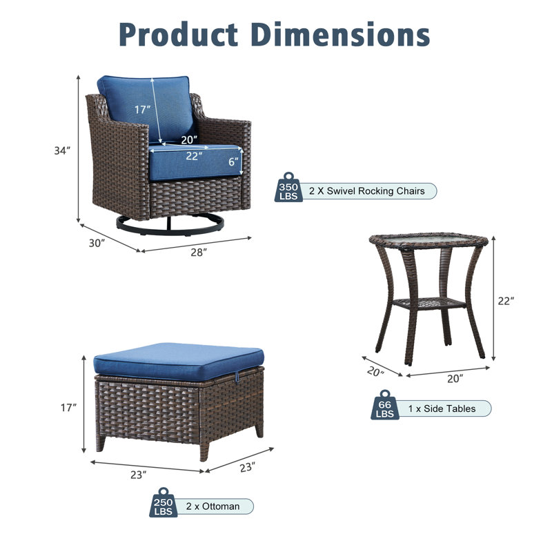 Outdoor Wicker Swivel Chairs With Ottoman & Side Table Set – 2 Swivel Chairs, 2 Ottomans, And 1 Side Table For Patio, Porch, Garden & Poolside