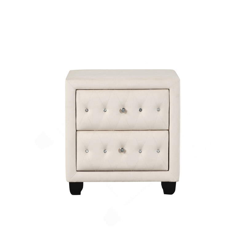 Table de chevet à 2 tiroirs capitonnée de style moderne recouverte de velours en bois crème, Cream
