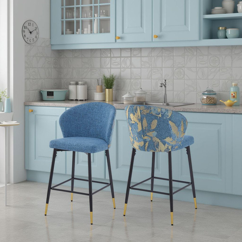 Ensemble de 2 chaises de bar rembourrées Jacquard, Bleu