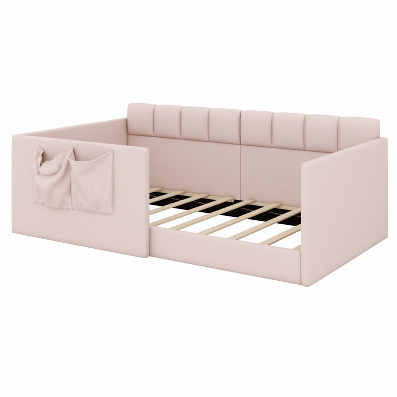 Lit de jour rembourré Comfort avec panneaux latéraux hauts, entrée latérale et poches de rangement, Lit simple, Rose