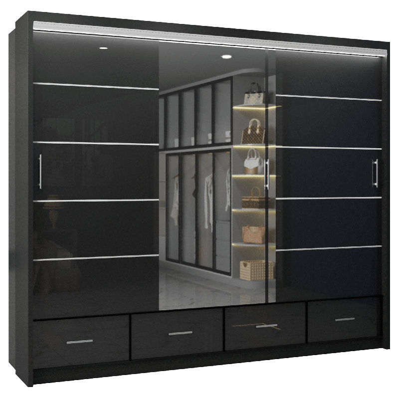 Desilets 2 Door Manufactured Wood Wardrobe, Black, 220 cm H x 255 cm W x 66 cm D