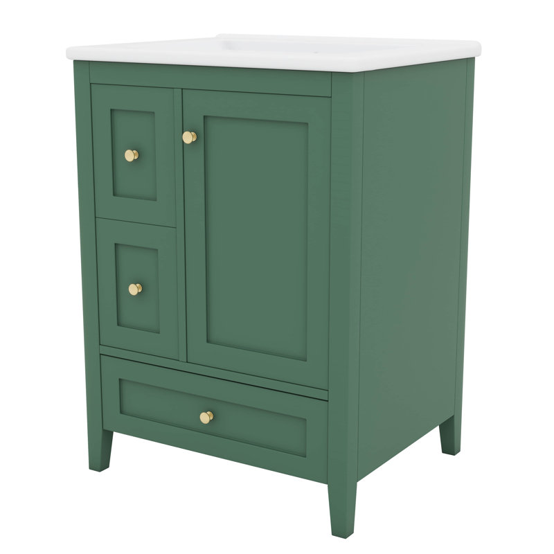 Meuble-lavabo 24 po avec lavabo encastré en céramique, armoire de rangement multifonctionnelle avec trois tiroirs et tablette réglable, cloisons amovibles