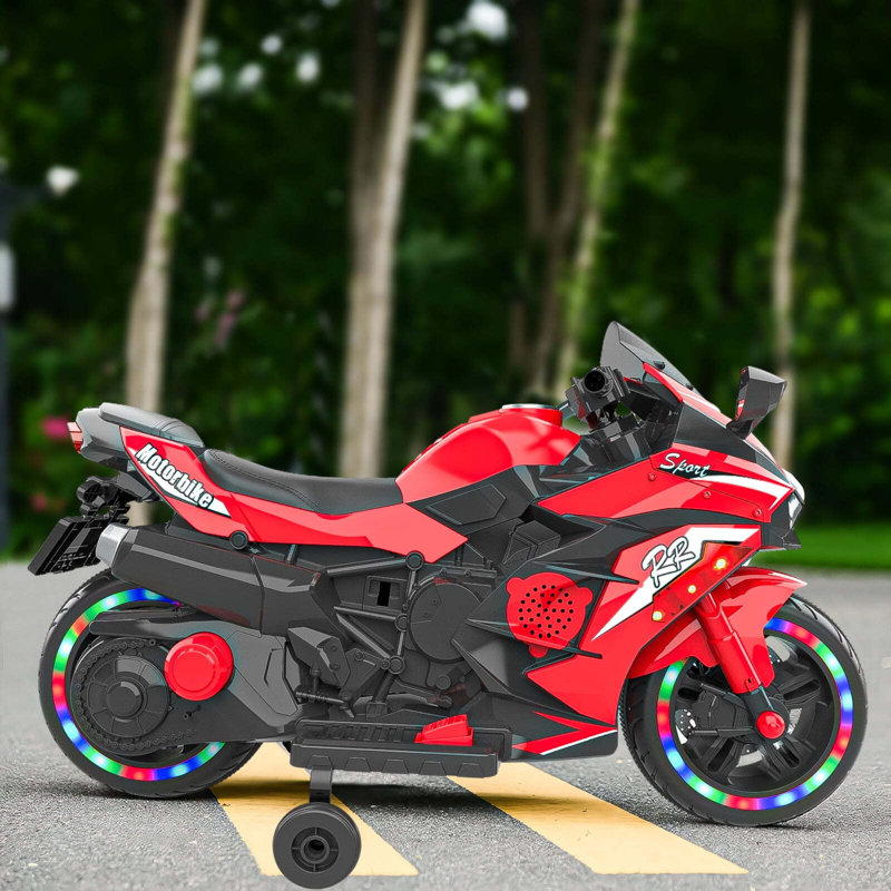 Moto électrique 12V pour enfants, moto pour enfants pendant 3 à 6 ans avec roue lumineuse et musique Bluetooth, Rouge