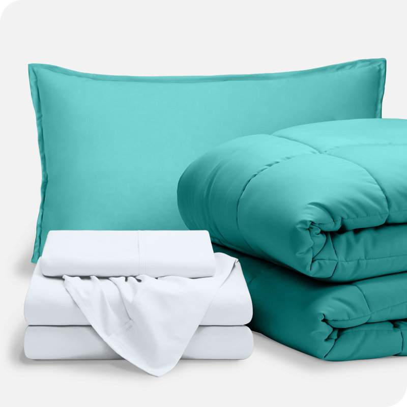 Lit dans un sac en microfibre 1800 de qualité supérieure 1800, Turquoise / blanc, Édredon simple + 4 pièces supplémentaires