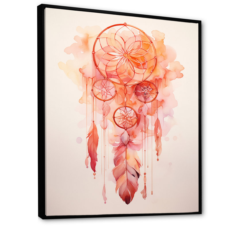 «Pink Boho Dreamcatcher Watercolor I», reproduction sur toile, 44" H x 34" W, Cadre flottant noir