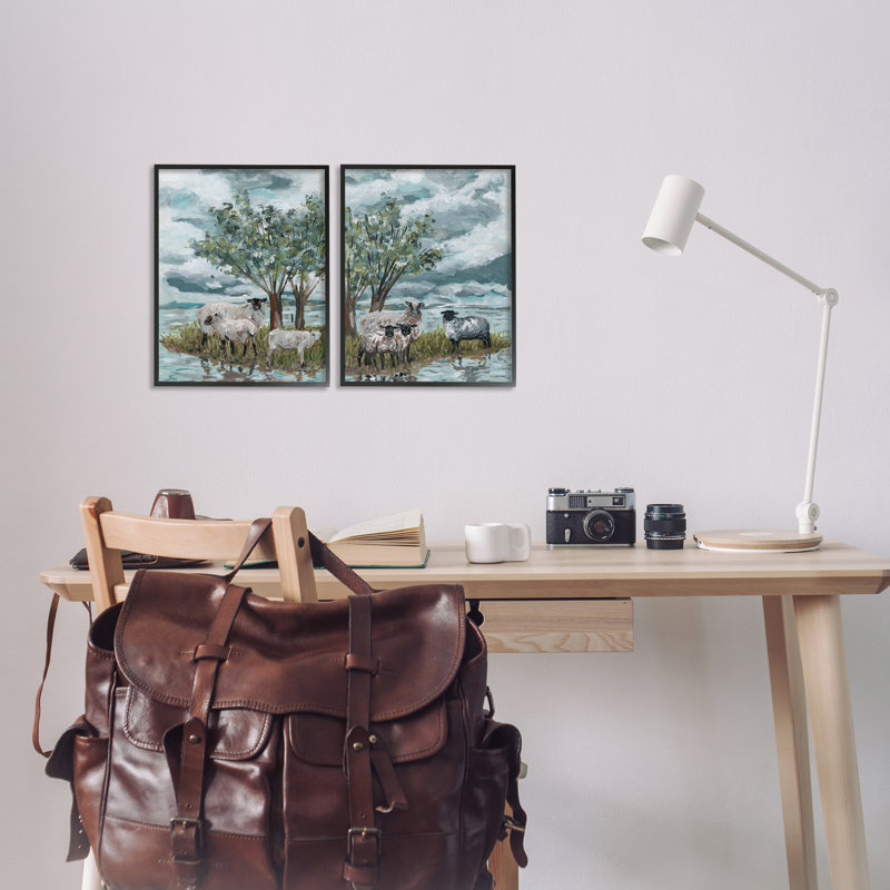 «Sheep in Field», ensemble de 2 giclées d'art encadrées par Melissa Wang, Giclée encadrée noir minuit, H 14 po x l 11 po