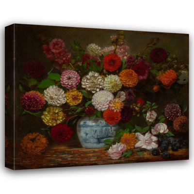 "Still Life with Dahlias, Zinnias, Hollyhocks and Plums" by  Eugène Delacroix - Gallery Wrap Canvas Wall Art