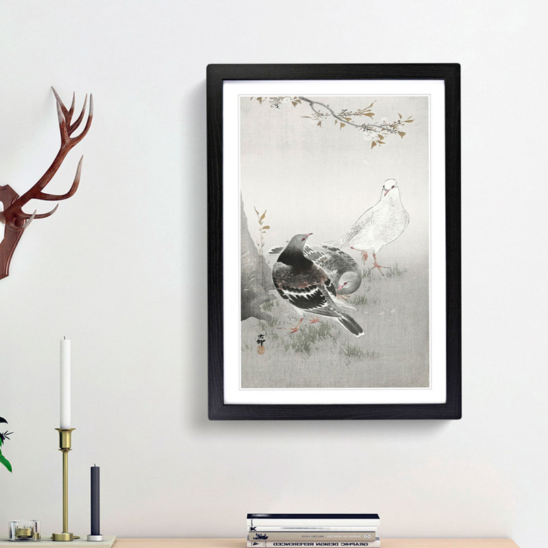 Three Pigeons by Ohara Koson - Framed Print, 65cm H x 48cm W x 2cm D, Black Framed
