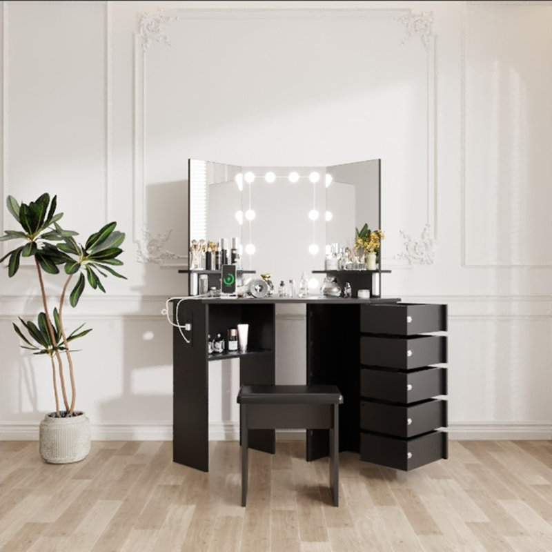 Corner Makeup Vanity Desk with LED Lighted Mirror – 3-Color Adjustable Lighting, 5 Rotating Drawers, Power Outlet, Open Shelves & Stool, Elegant Dressing Table for Women and Girls