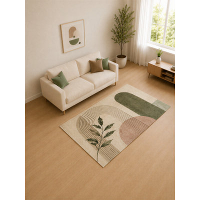 Tapis d'intérieur « ultra-léger » 152 x 213 cm, vert olive et rose poudré, motif abstrait en forme d'arche, idéal pour le salon. Moquette douce à poils courts avec envers antidérapant en silicone, décoration pour chambre et bureau.