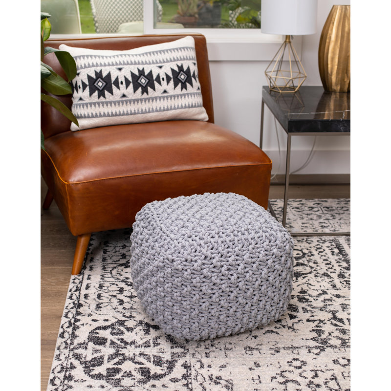 Gray Hand-Knitted Cotton Square Pouf Ottoman