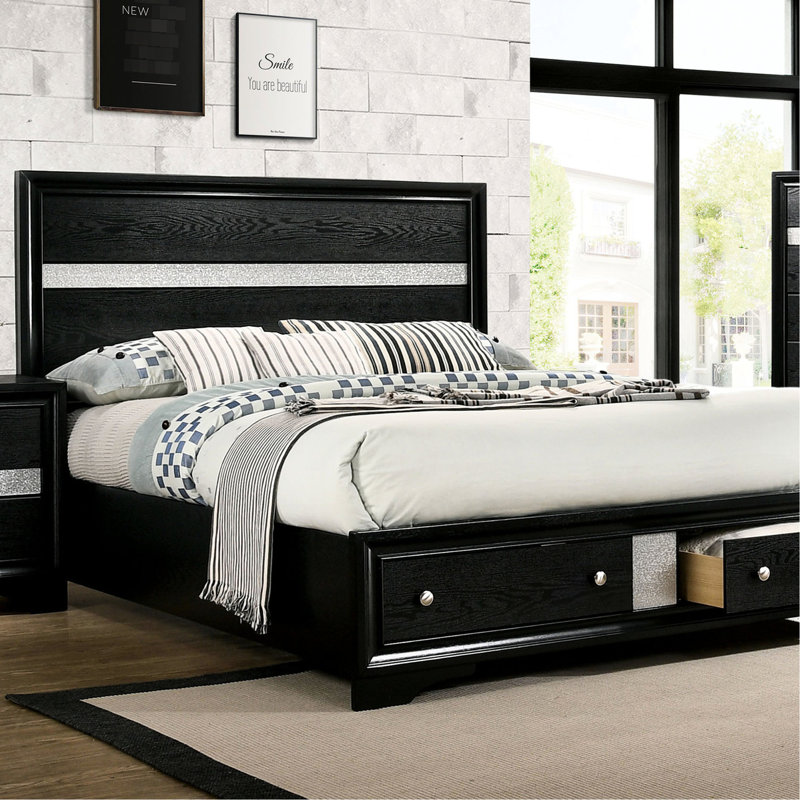 Grand lit avec rangement en bois massif noir