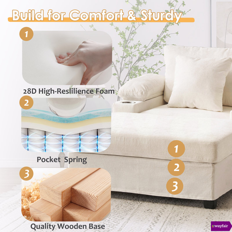 Bedri 38.6" W Chenille Modern Oversized Chair with Ottoman, Comfy Sofa with Cupholders and USB Charging Ports Chair, Beige