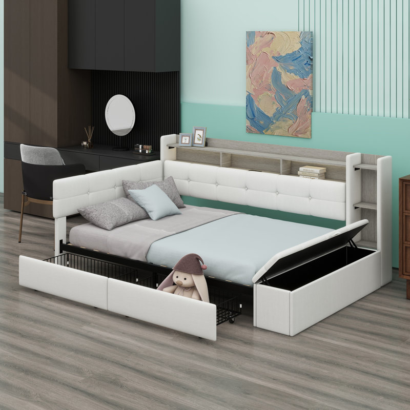 Upholstered Daybed with Storage Footstool, Shelves, Drawers, USB Charging & LED Light, Beige
