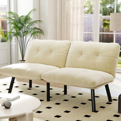 Lit crème moderne qui se plie et se transforme, 2 places, dossier réglable pour différentes positions de détente, revêtement en velours, structure en métal, rembourrage en mousse, pliant convertible pour espace de vie principal