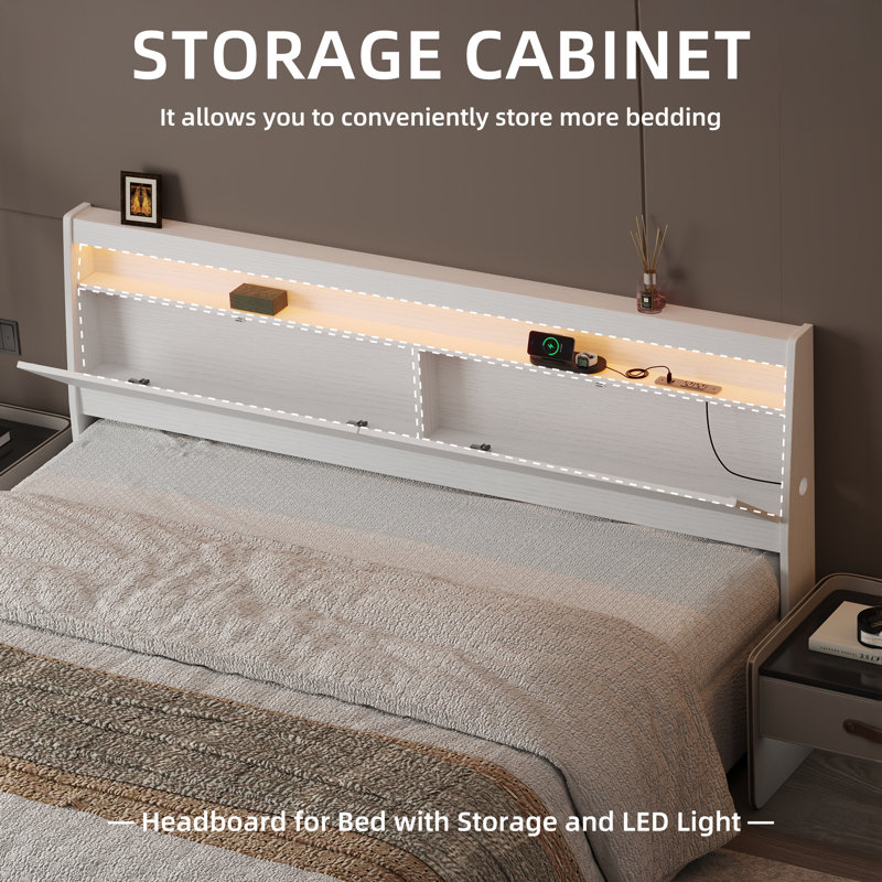 Queen Size Headboard With Led Lights, Storage Cabinet & Built-in Charging Station, Modern Wooden Headboard With Baseboard Groove Design, Easy Assembly