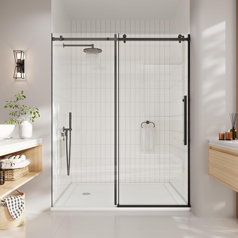Frameless Sliding Glass Shower Door, 5/16" Clear Tempered Glass, 44-48"W x 72"H, Matte Black Finish, for Walk-In Bathroom