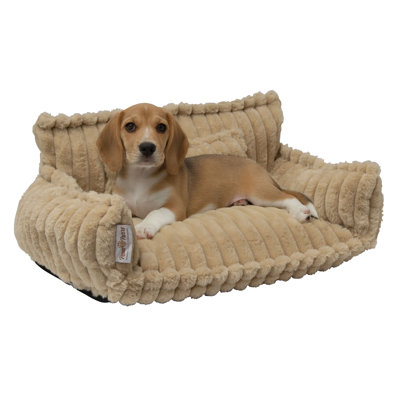 Lit rainuré pour animaux de compagnie pour petits et moyens chiens, extérieur en polyester de style velours côtelé doux, traversins de soutien, housse amovible lavable, base antidérapante, canapé-lit pour animaux de compagnie avec mini coussin de jeu, chameau