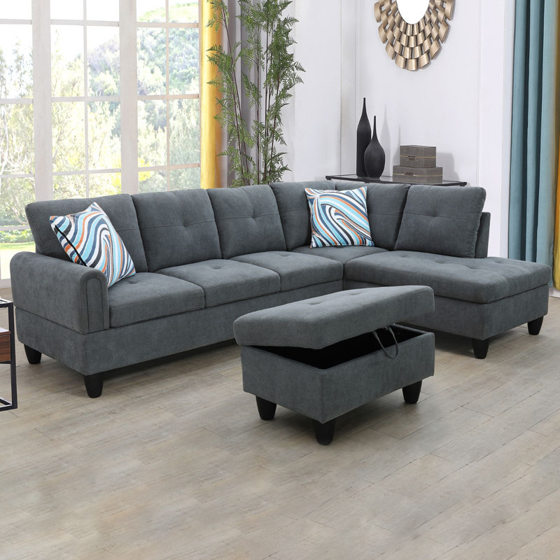 Dark Grey Fabric 3-Piece Sectional Sofa Set with Storage Ottoman, Gray Velvet, Right Hand Facing