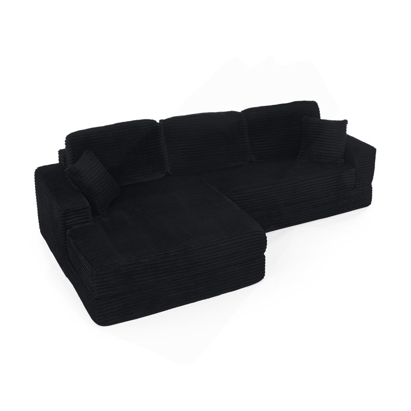 Siège gauche du canapé, canapé modulaire en forme de L, canapé modulaire compressé en velours côtelé de style minimaliste moderne, déplié en lit, chambre à coucher, canapé compressé confortable - Design économe en espace - Noir