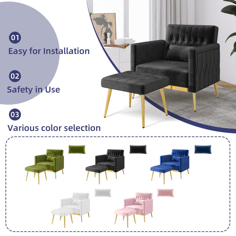 Velvet Armchair with Footstool, Black