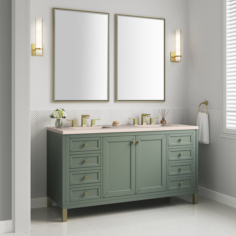 Chicago 60'' W Double Vanity, Smokey Celadon, Charcoal Soapstone, 8" Widespread