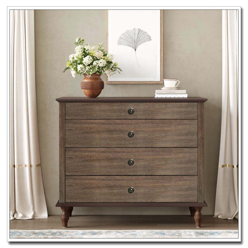 Grande commode à 4 tiroirs avec pied en bois massif, Brun rustique profond