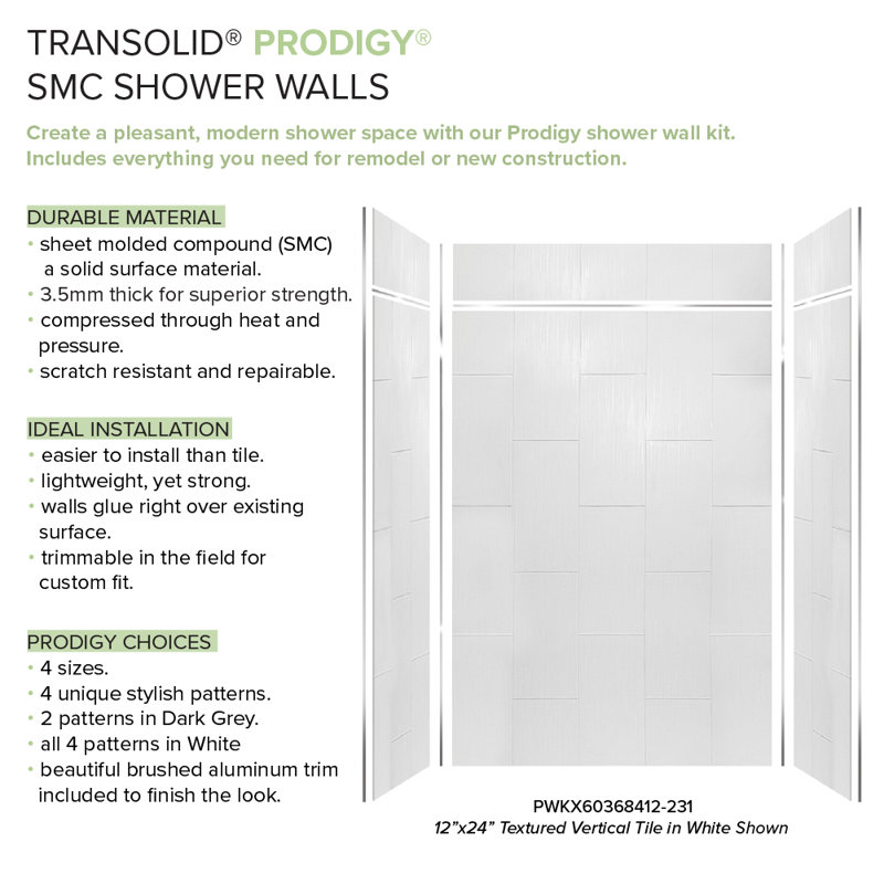 Prodigy 96" High White Solid Surface Shower Wall Kit