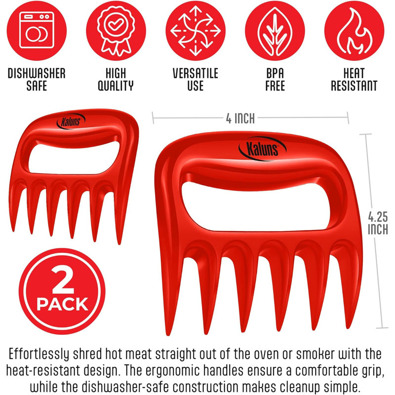 Kaluns Meat Claws Pulled Pork Shredder Set, 2-Pack BPA-Free Heat-Resistant Plastic BBQ Meat Shredding Claws with Ultra-Sharp Blades, Dishwasher Safe, Red