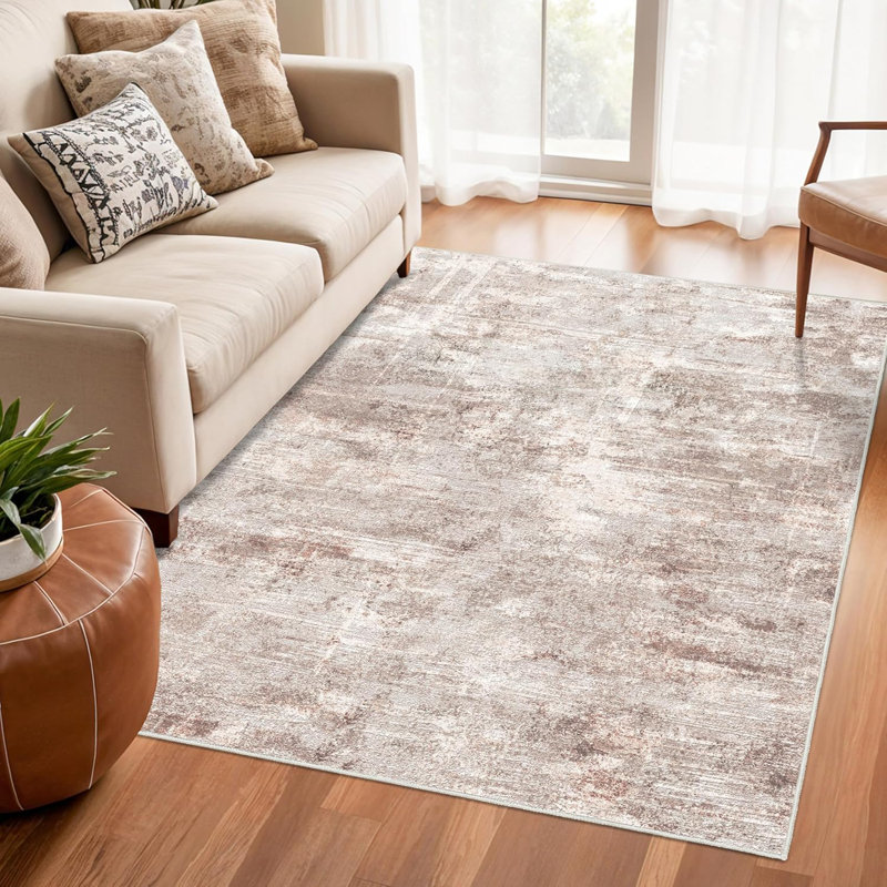 Washable Abstract Area Rug - Rugs for Living Room Large Non Slip Indoor Entryway Rubber Backing Carpet Bedroom Kitchen Distressed Stain Resistant Floor Decor Mat Machine Washable Brown