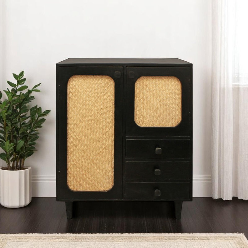 Buffet 32 po à trois tiroirs en bois massif vieilli noir avec deux portes 32 po
